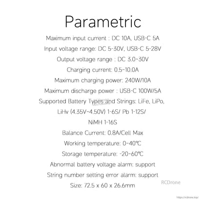 ISDT 608PD RC battery charger spec list with input 5–30V, 240W charging power, and supported LiPo/LiHV types