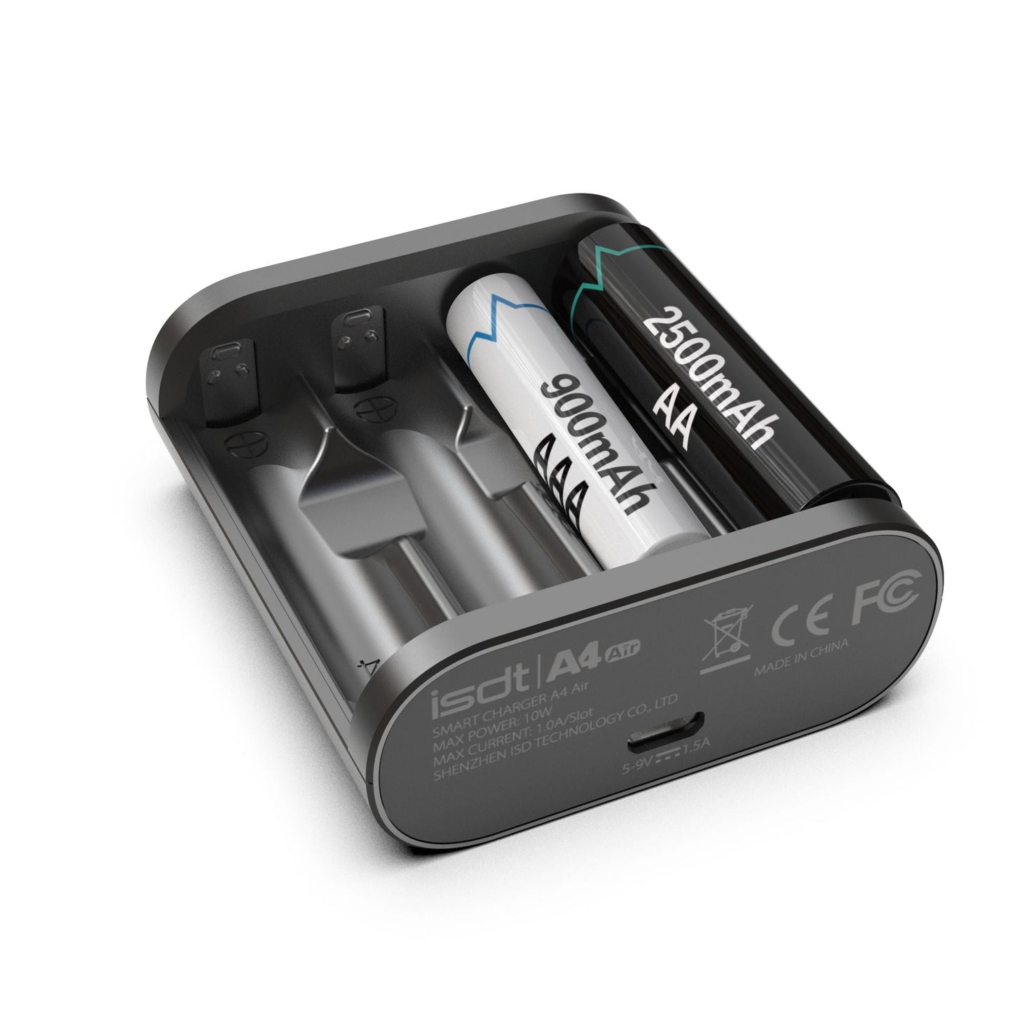ISDT A4 Air Battery Charger, ISDT A4 Air smart battery charger with four slots and USB-C input, holding AA and AAA cells