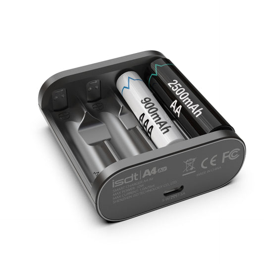 ISDT A4 Air Battery Charger, ISDT A4 Air smart battery charger with four slots and USB-C input, holding AA and AAA cells