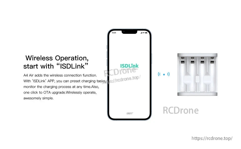 ISDT A4 Air battery charger with four charging bays and ISDLink app screen for wireless operation