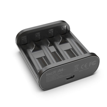 ISDT A4 Air Battery Charger, ISDT A4 Air four-slot smart battery charger with four bays and USB-C power input labeled 5–9V 1.5A