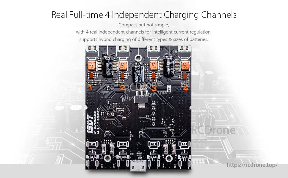 ISDT A4 Air battery charger circuit board with four independent charging channels labeled 1–4 and a USB port