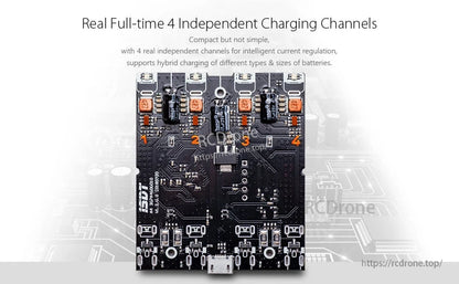ISDT A4 Air battery charger circuit board with four independent charging channels labeled 1–4 and a USB port