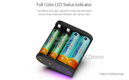ISDT A4 Air battery charger with four AA/AAA slots and full-color LED status indicators on the front