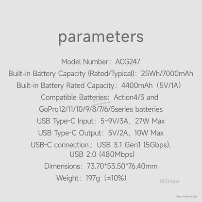 ISDT ActionGo ACG247 power bank charger specs showing 25Wh/7000mAh capacity and USB-C input/output ratings