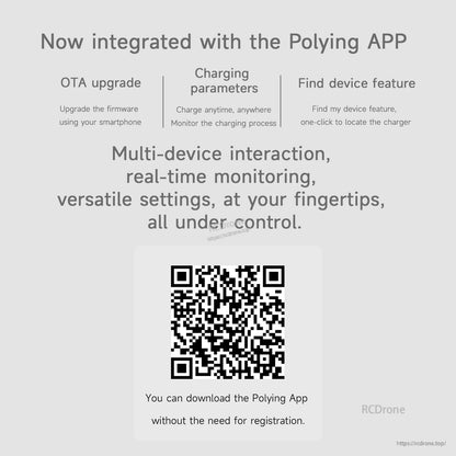 ISDT ActionGo ACG247 Power Bank Charger, ISDT ActionGo ACG247 charger Polyimg app integration graphic with QR code, OTA upgrade, monitoring and find device features