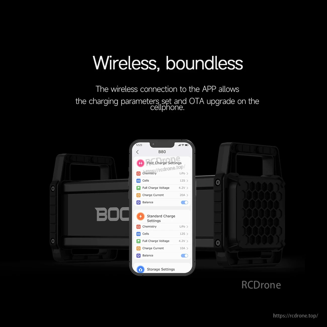 ISDT B60/B80 Smart Battery Charger, ISDT B80 smart battery charger with smartphone app screen showing wireless charge settings and OTA update support