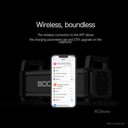 ISDT B60/B80 Smart Battery Charger, ISDT B80 smart battery charger with smartphone app screen showing wireless charge settings and OTA update support