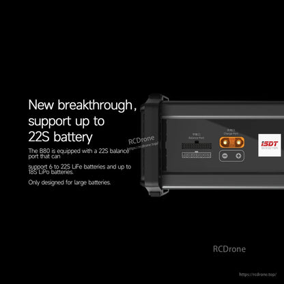 ISDT B60/B80 Smart Battery Charger, ISDT B80 smart battery charger top view with 22S balance port and XT-style charge port terminals