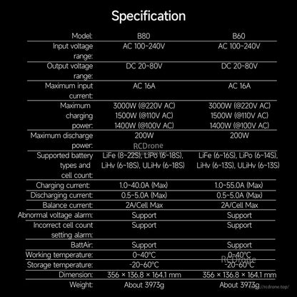Specification chart for ISDT B60/B80 smart battery charger showing AC 100–240V input and supported LiPo/LiHv cells.
