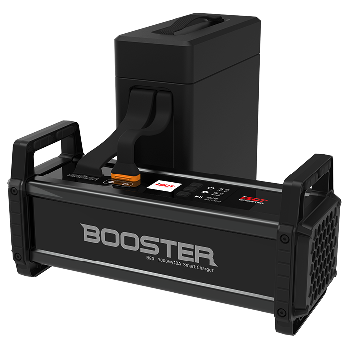 ISDT Booster B80 smart LiPo balance charger with carry handle, display panel, and 3000W/40A rating