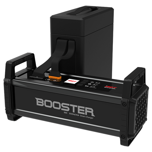 ISDT Booster B80 smart LiPo balance charger with carry handle, display panel, and 3000W/40A rating