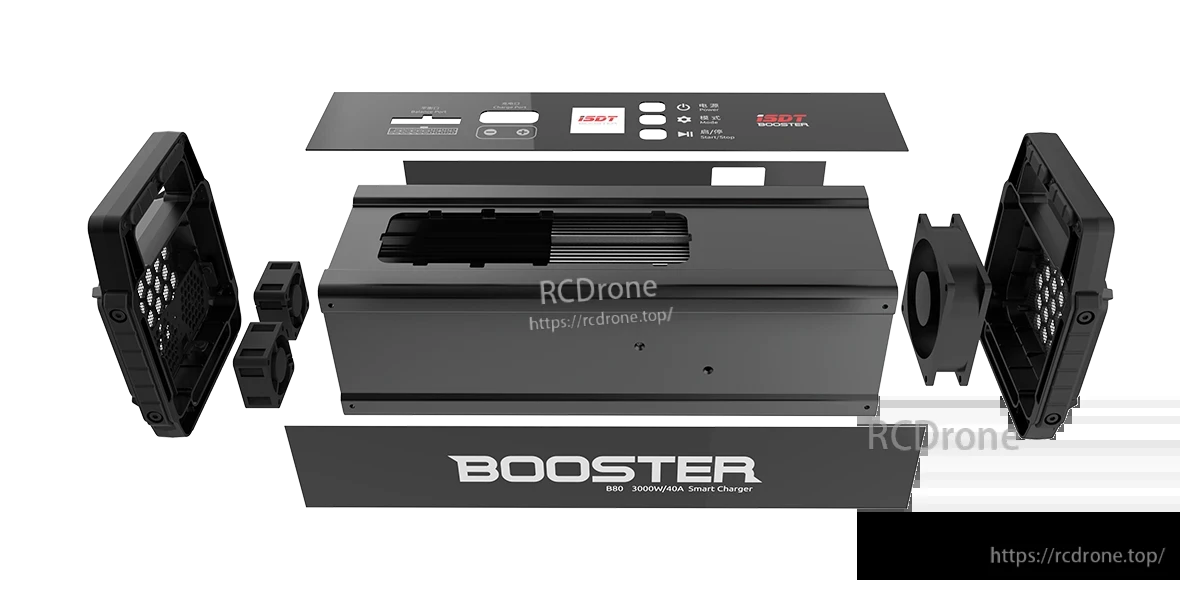 Exploded view of ISDT BOOSTER B80 smart charger housing with control panel, fan, and end grilles