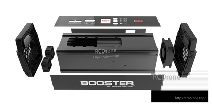 Exploded view of ISDT BOOSTER B80 smart charger housing with control panel, fan, and end grilles