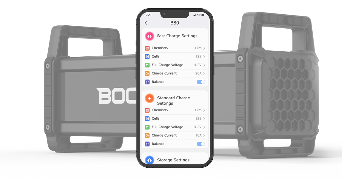 ISDT B80 smart LiPo balance charger with rugged case and phone app screen showing LiPo 12S charge settings