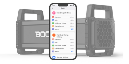 ISDT B80 smart LiPo balance charger with rugged case and phone app screen showing LiPo 12S charge settings