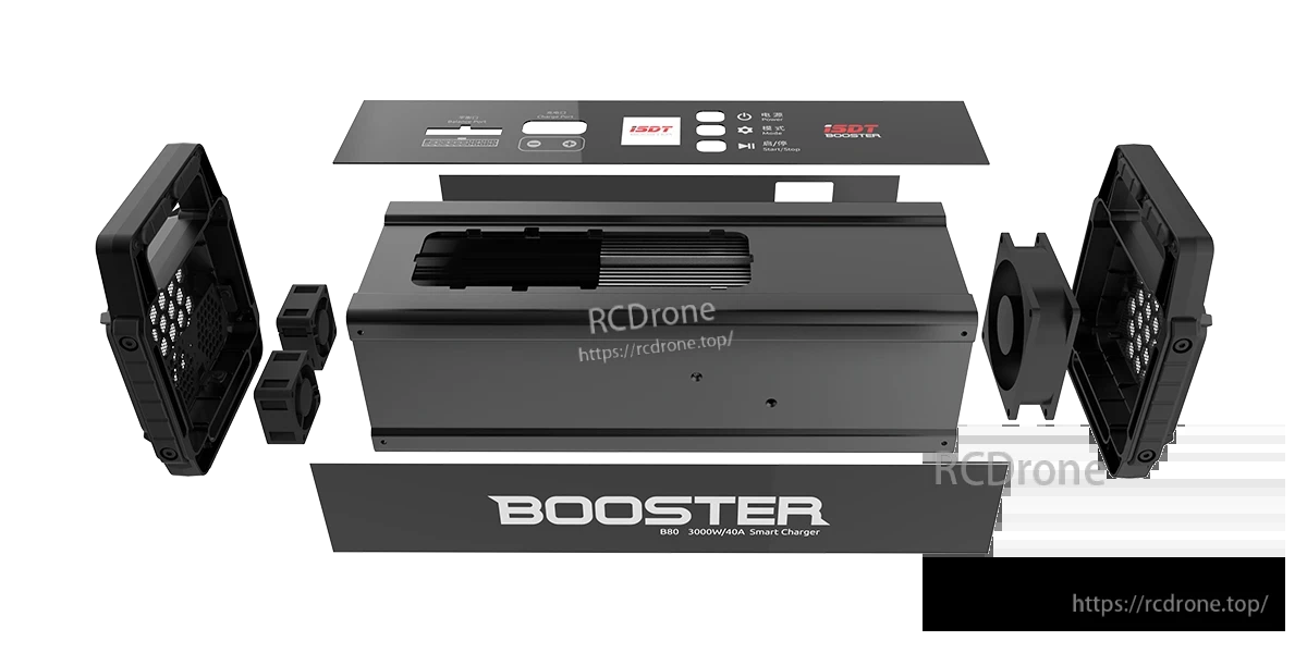 Exploded view of ISDT Booster B80 smart LiPo charger enclosure with dual cooling fans and top control panel