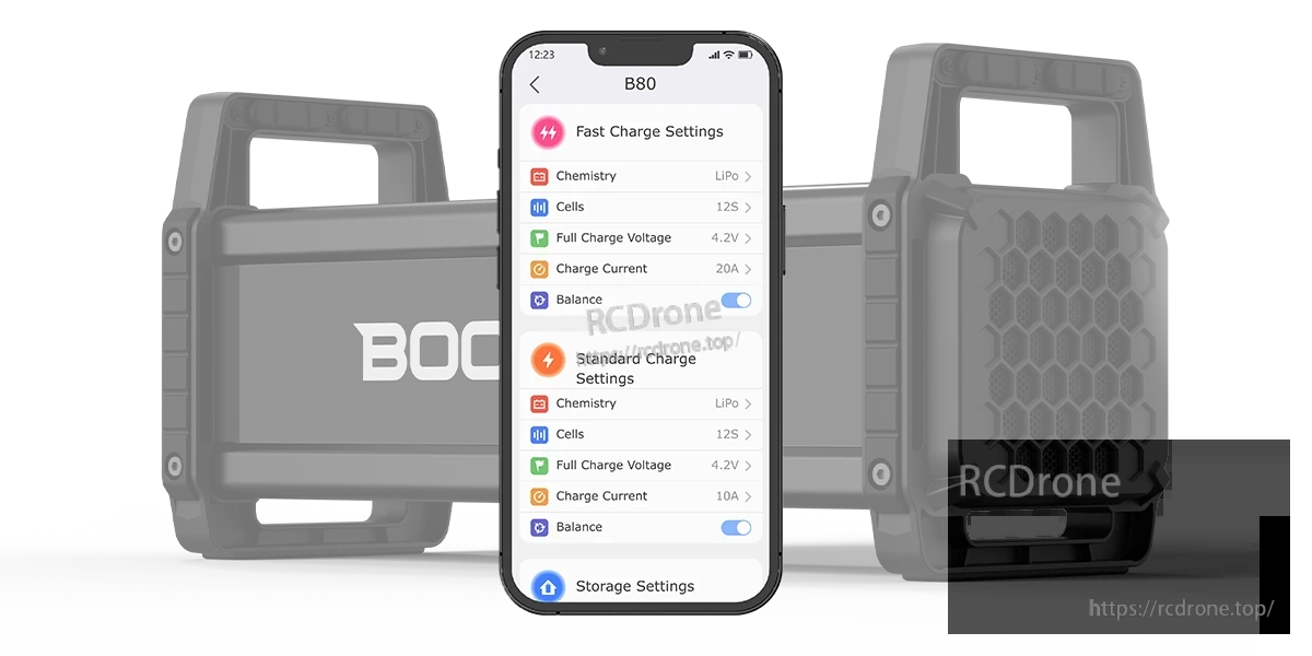 ISDT B80 LiPo balance charger with rugged case and smartphone app screen showing LiPo charge settings