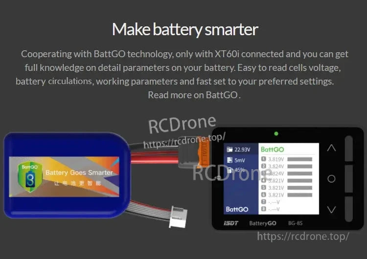 ISDT BG-8S battery meter with IPS LCD showing cell voltages, plus balance lead plug and BattGO screen