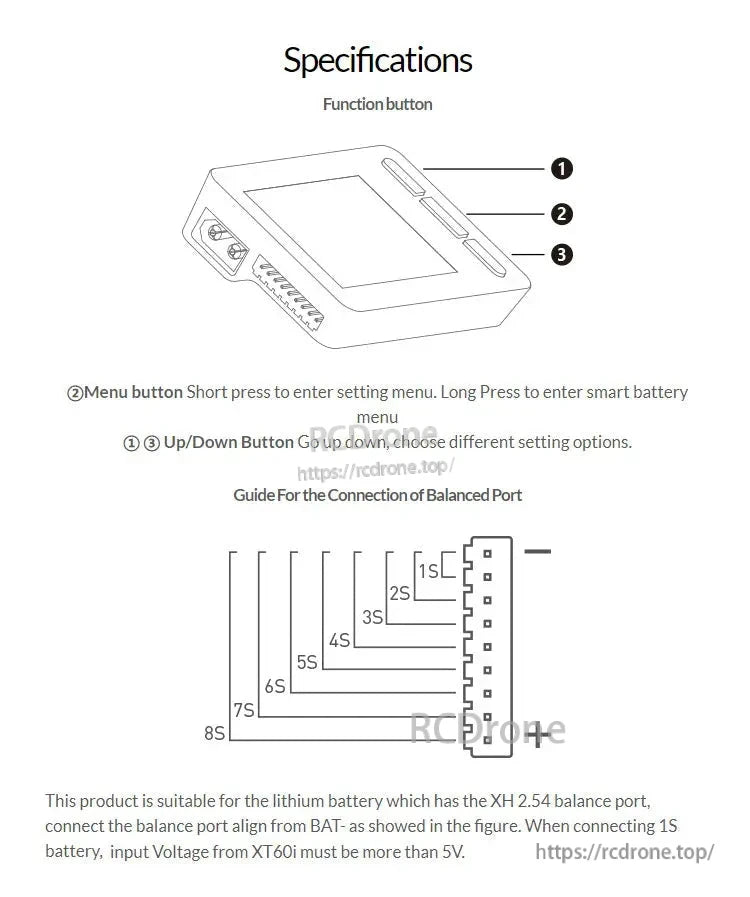ISDT BG-8S battery meter diagram showing function buttons and 1S–8S XH 2.54 balance port connection guide