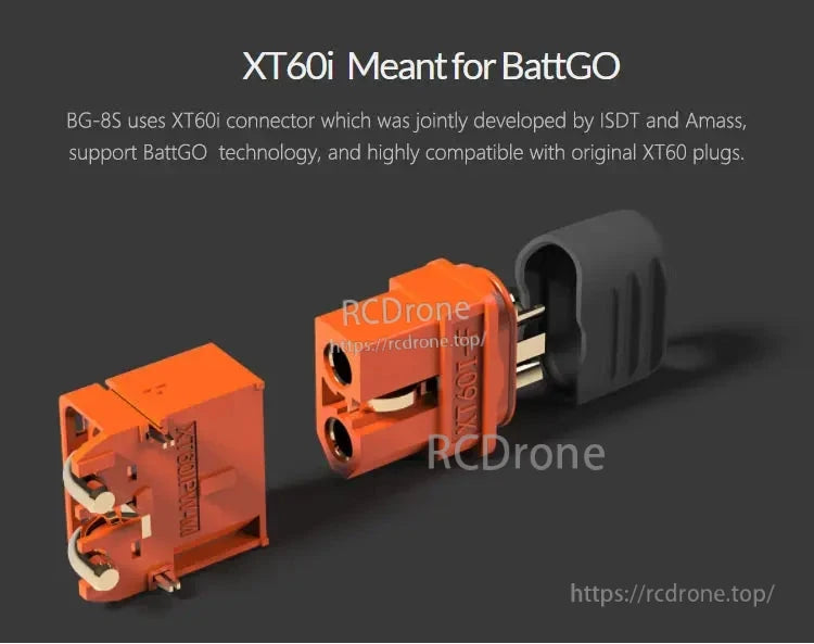 Close-up of orange XT60i connector and black XT60 plug, compatible with BattGO-enabled ISDT BG-8S battery meter.