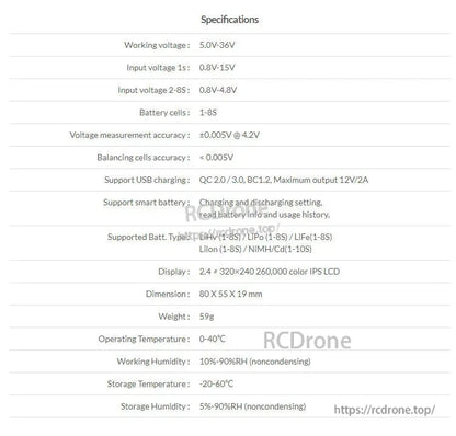 ISDT BG-8S battery meter specifications table showing 1–8S cell support, USB QC output, and 2.4-inch IPS LCD