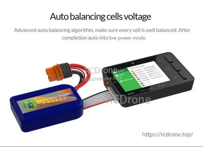 ISDT BG-8S battery meter with color IPS screen, button controls, and balance lead connector reading cell voltages.