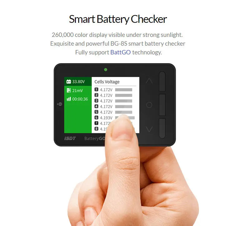 ISDT BG-8S smart battery checker with IPS screen displaying total voltage and individual cell voltages, with side buttons