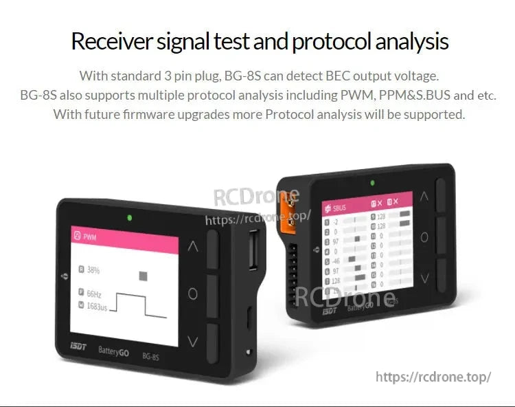 ISDT BatteryGo BG-8S meter with color IPS screen, 3-pin header and USB port, displaying PWM and S.BUS signal tests
