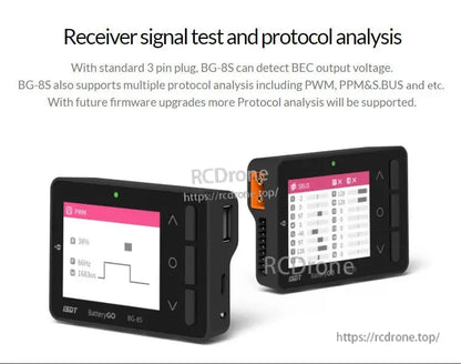 ISDT BatteryGo BG-8S meter with color IPS screen, 3-pin header and USB port, displaying PWM and S.BUS signal tests