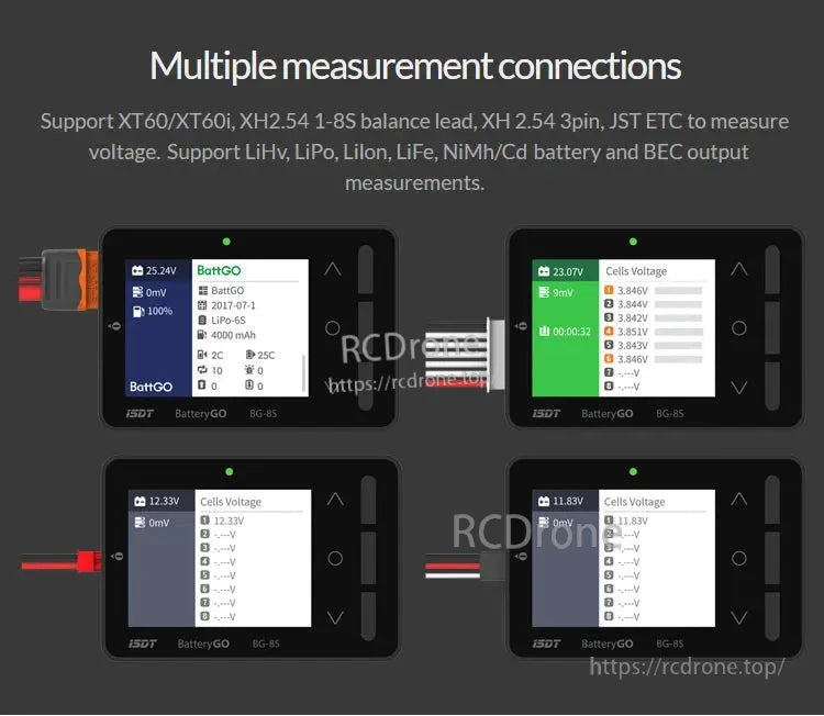 ISDT BatteryGo BG-8S battery meter with IPS screen showing cell voltage readouts and XT60/balance lead connections