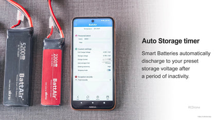 ISDT BattAir 2S 5200mAh 80C Smart RC LiPo Battery, ISDT BattAir smart 2S LiPo batteries with 5200mAh pack and BattAir app screen showing auto storage timer settings
