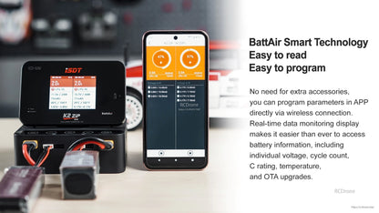 ISDT BattAir 2S 5200mAh 80C Smart RC LiPo Battery, ISDT BattAir smart technology display with K2 ZIP charger and phone app showing LiPo voltage and IR data