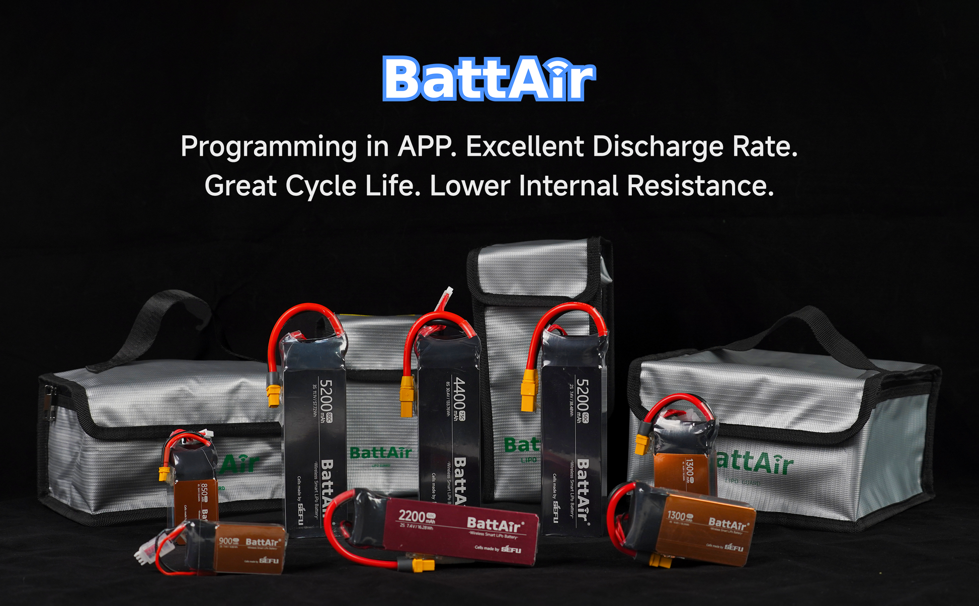 BattAir smart LiPo batteries with XT60 connectors alongside silver LiPo storage bags, with app programming text above