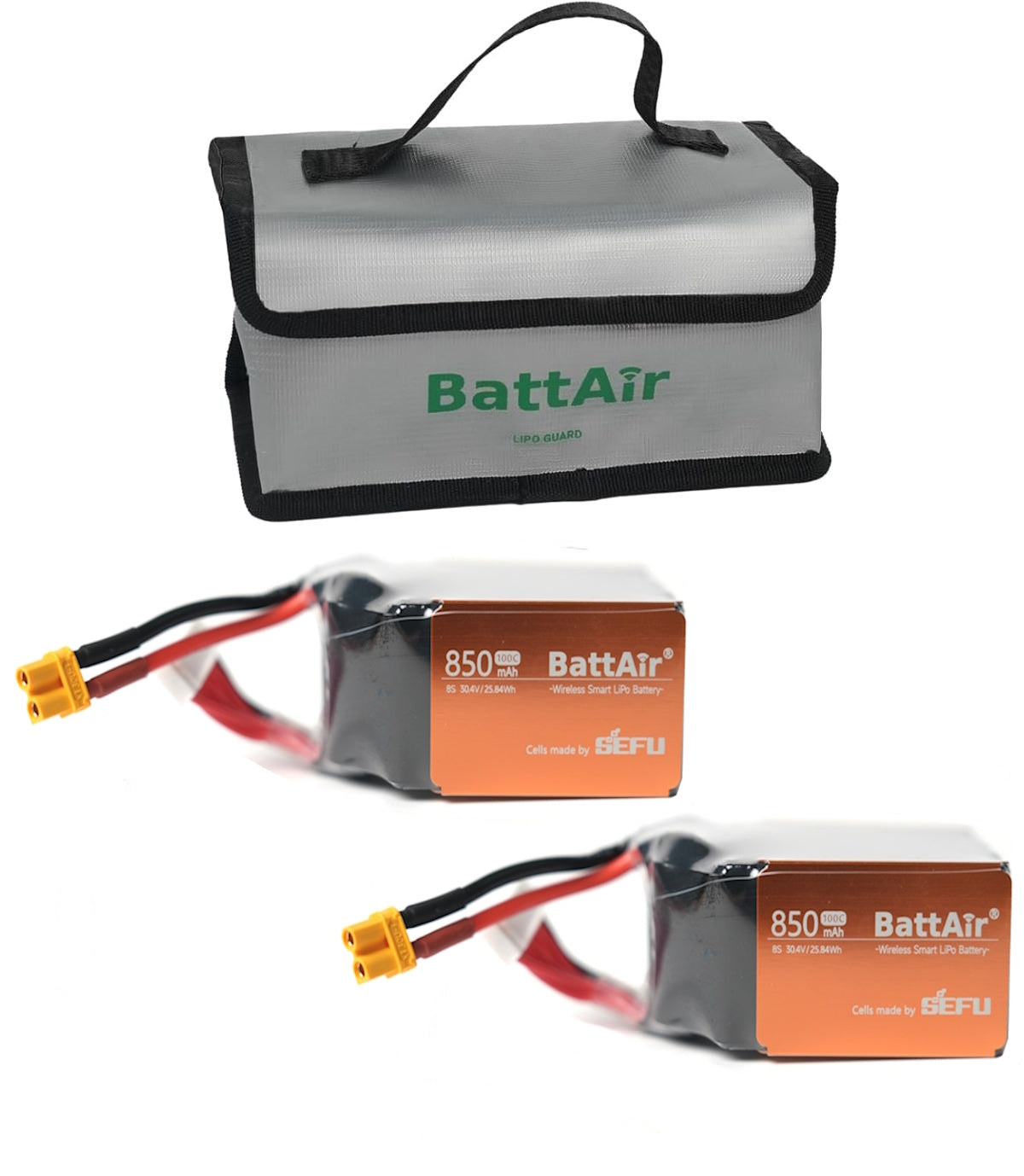 BattAir LiPo Guard bag with two 8S 850mAh 30.4V Smart LiPo RC batteries featuring XT60 connectors