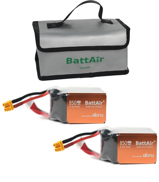 BattAir LiPo Guard bag with two 8S 850mAh 30.4V Smart LiPo RC batteries featuring XT60 connectors