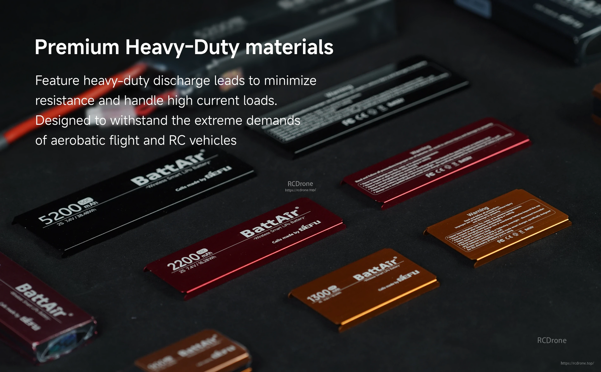 Assorted BattAir smart LiPo RC batteries on a table with overlay text about premium heavy-duty materials