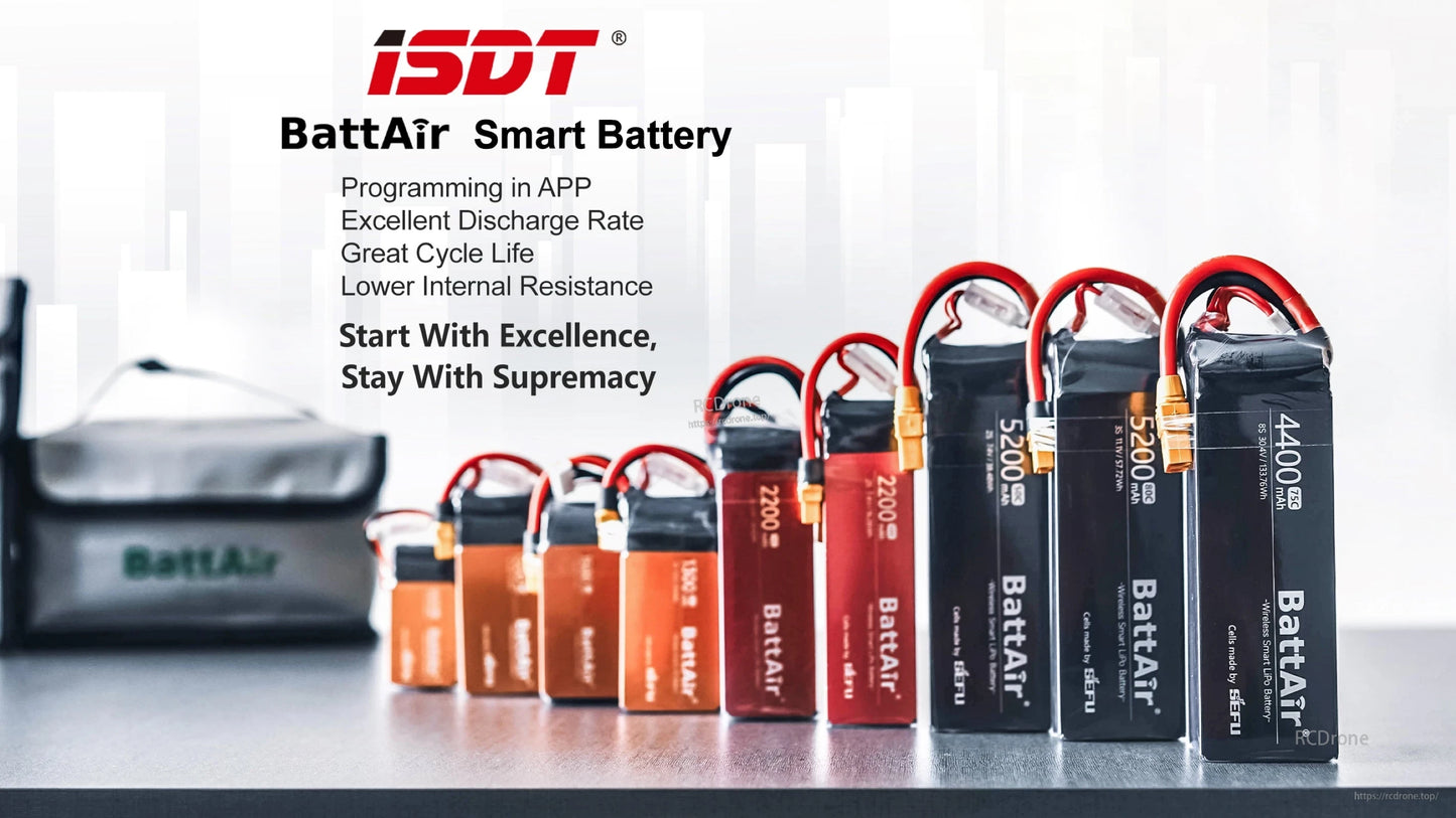 ISDT BattAir 3S 5200mAh 80C Smart LiPo Battery, ISDT BattAir smart LiPo battery pack lineup with 5200mAh pack, red/black leads and XT60 connector