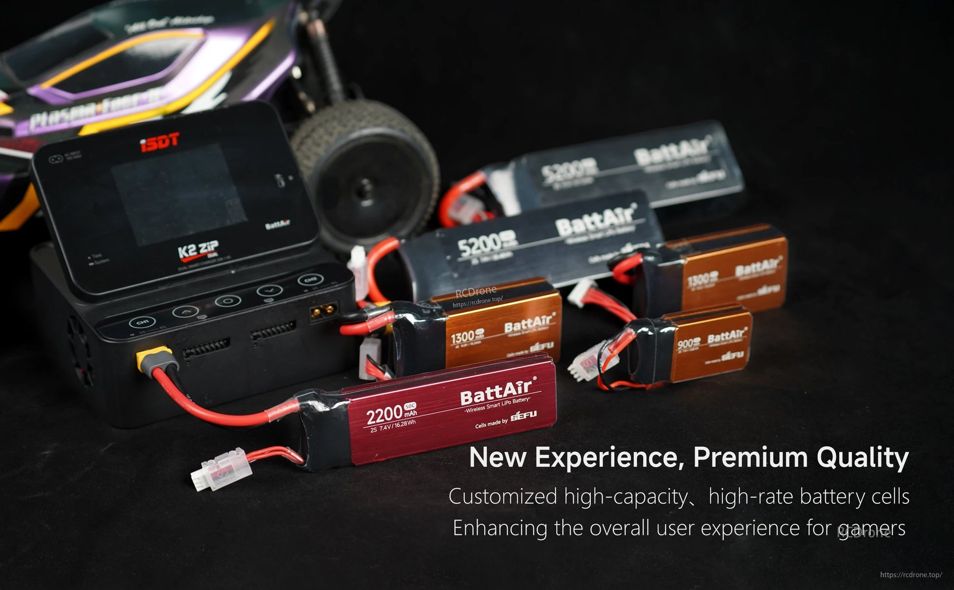 ISDT BattAir 3S 5200mAh 80C Smart LiPo Battery, ISDT BattAir 5200mAh smart LiPo battery pack with balance lead and connector, beside an ISDT charger