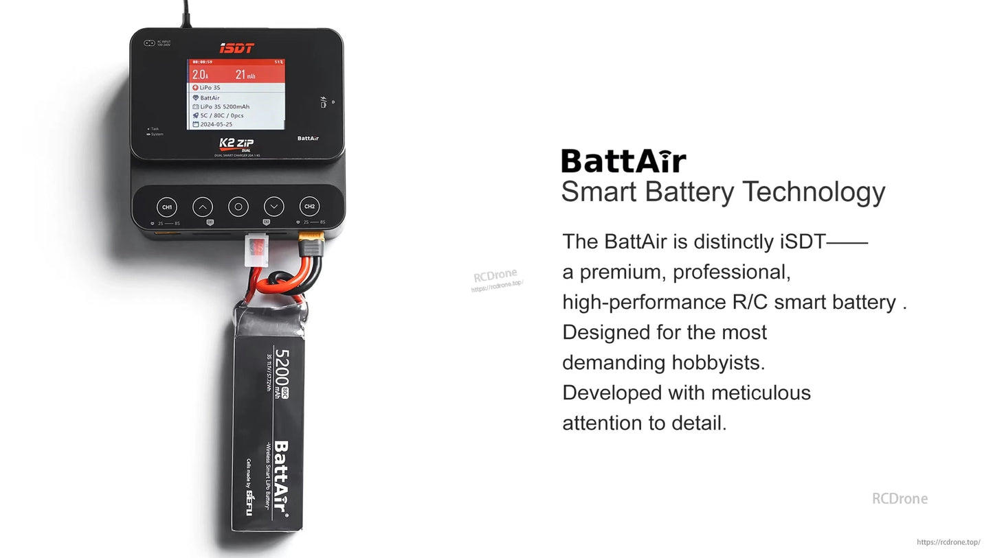 ISDT BattAir 3S 5200mAh 80C Smart LiPo Battery, ISDT BattAir 3S 5200mAh smart LiPo battery connected to an iSDT K2 Zip charger with status displayed