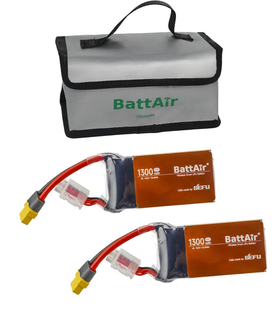 ISDT BattAir Smart Battery, BattAir LiPo guard bag with two 1300mAh 4S 14.8V BattAir wireless smart LiPo batteries and XT60 leads