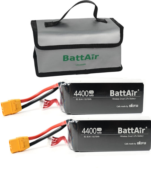 ISDT BattAir smart LiPo battery pack labeled 8S 4400mAh 75C with yellow connector and LiPo Guard bag
