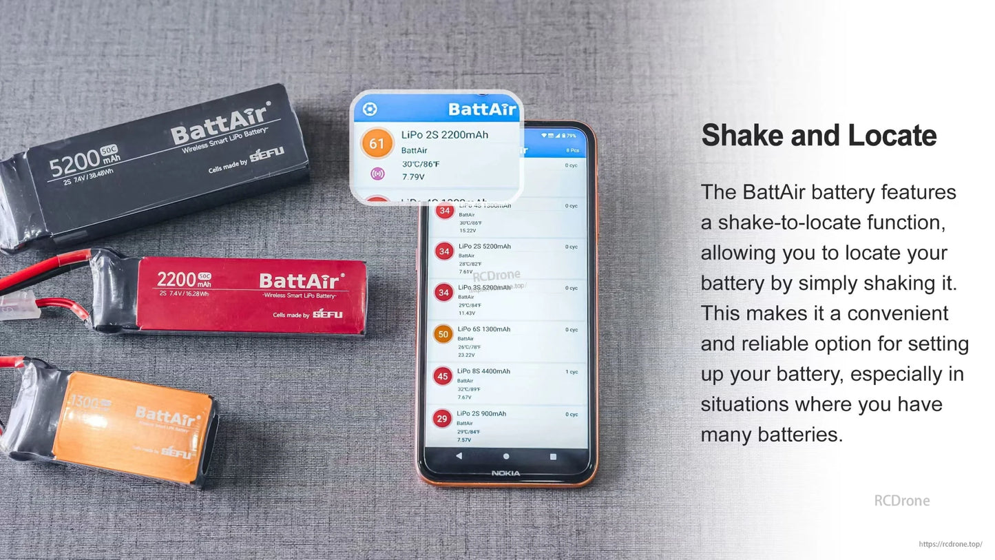 ISDT BattAir Smart LiPo Battery, ISDT BattAir smart LiPo batteries with a smartphone BattAir app screen listing packs and cell voltages