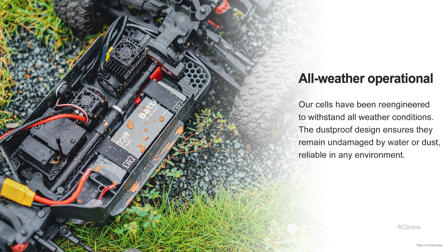 ISDT BattAir smart RC LiPo battery installed in an RC car battery tray with water droplets on the casing