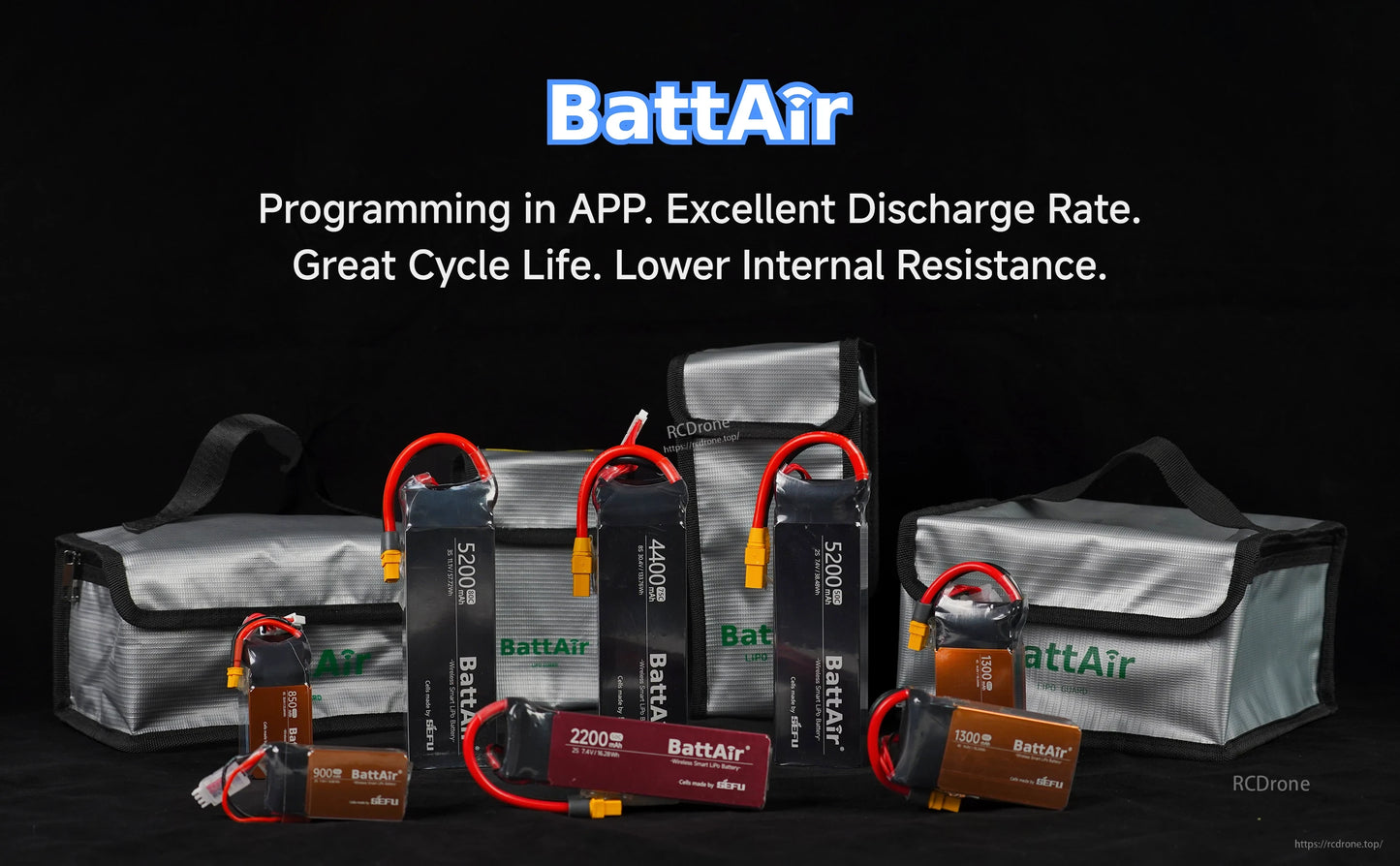 ISDT BattAir Smart RC LiPo Battery, ISDT BattAir smart RC LiPo batteries with XT60 leads and balance plugs alongside silver BattAir storage bags