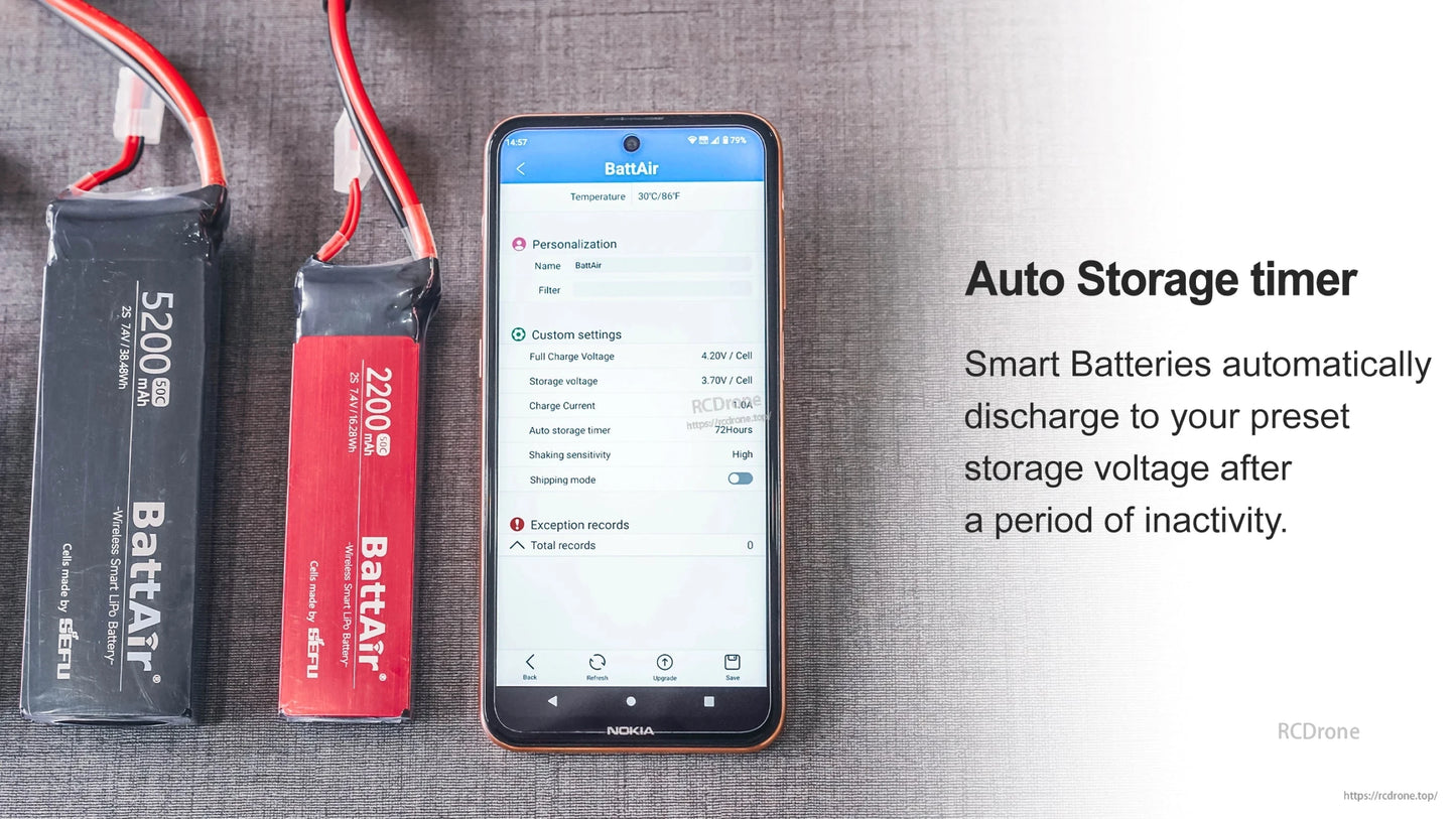 ISDT BattAir Smart RC LiPo Battery, ISDT BattAir smart RC LiPo batteries with leads beside a phone showing BattAir app auto storage timer settings