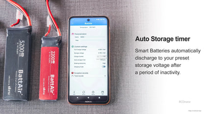 ISDT BattAir Smart RC LiPo Battery, ISDT BattAir smart RC LiPo batteries with leads beside a phone showing BattAir app auto storage timer settings