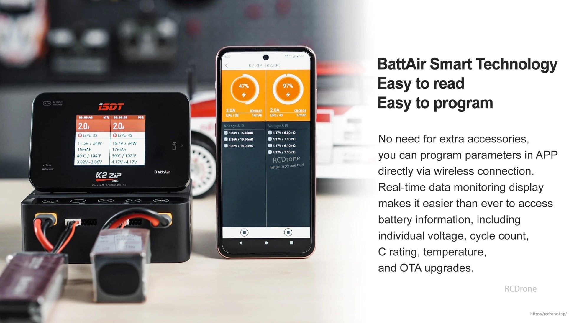 ISDT BattAir Smart RC LiPo Battery, ISDT BattAir smart battery monitoring app on phone next to ISDT K2 ZIP dual charger with LiPo status screens