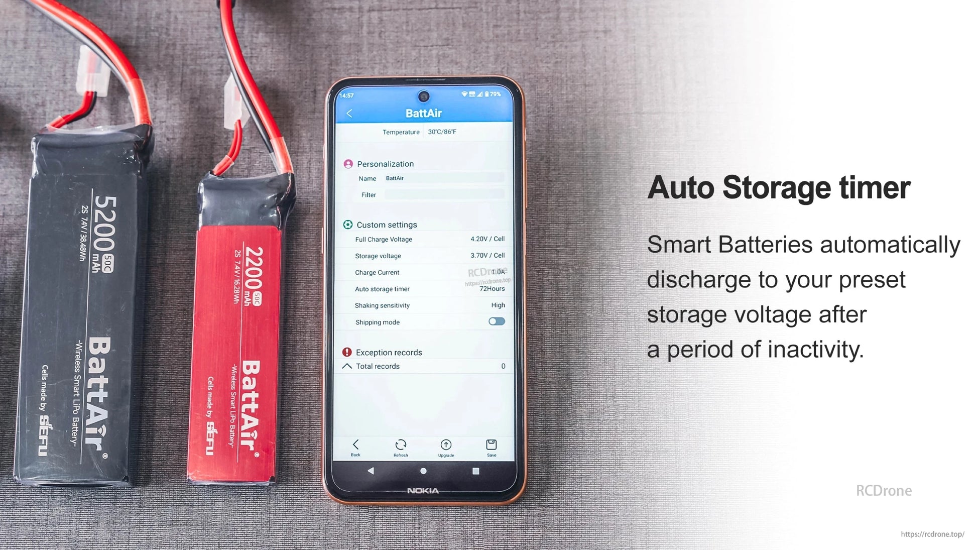ISDT BattAir Smart RC LiPo Battery, ISDT BattAir smart RC LiPo batteries beside a phone running the BattAir app with auto storage timer settings