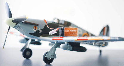 ISDT BattAir Smart RC LiPo Battery, ISDT BattAir 900mAh 2S 7.4V smart LiPo battery with balance lead and power plug on an RC airplane wing